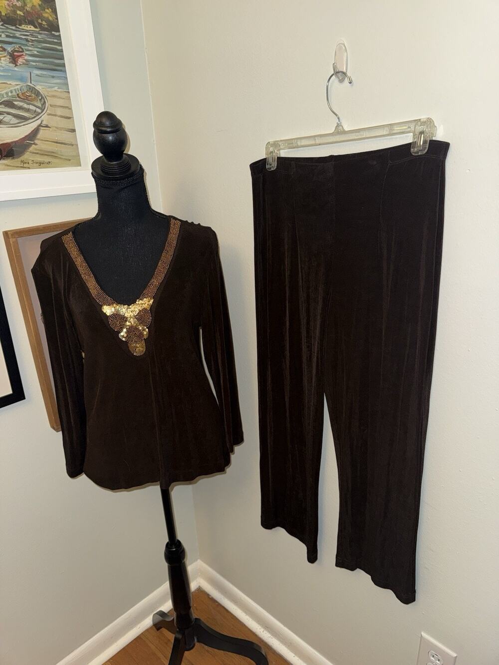 Chico's Travelers Brown Beaded 2pc Set Top M Size 1 Pants L Size 2 Wrinkle Free